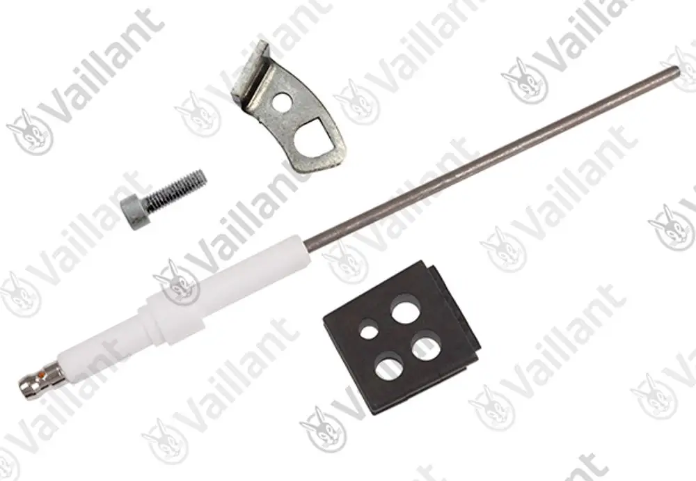Vaillant Elektrode mit einem Metallstift, einer weißen Ummantelung, einem Montageclip und einer Schraube, angeordnet auf hellem Hintergrund.